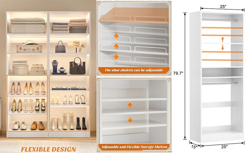 80'' Height Freestanding Wood Closet System, DIY Reversible Stand-alone Wardrobe Walk-in Closet Garment Organizer with Hanging Rod and Drawers, White