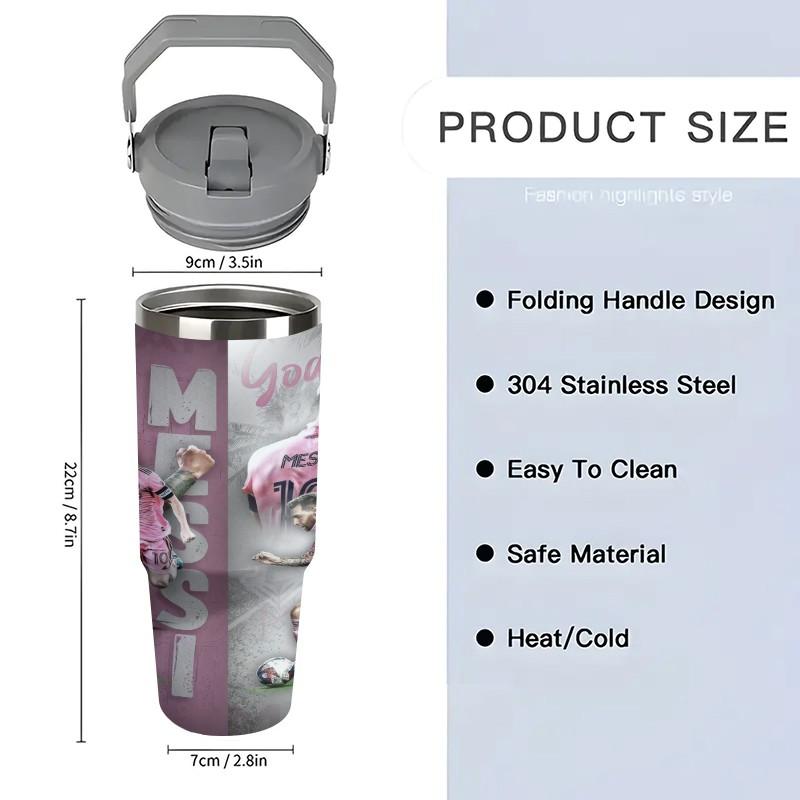 1pc 20/30oz Portable Travel Cup Featuring Dynamic Action Shots of Messi, Large Messi Stainless steel insulated water bottle with Handle, Ideal for Hot & Cold Drinks,tea and cold drinks. It is an ideal gift for fans and at social gatherings