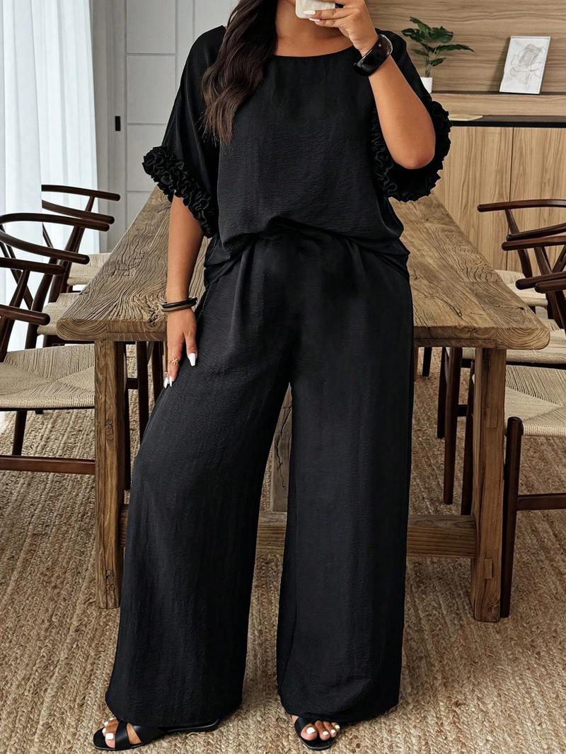 Plus Size Solid Color Round Neck Batwing Sleeve Shirt and Wide Leg Pants Casual Two-Piece Set, Comfortable and Stylish
