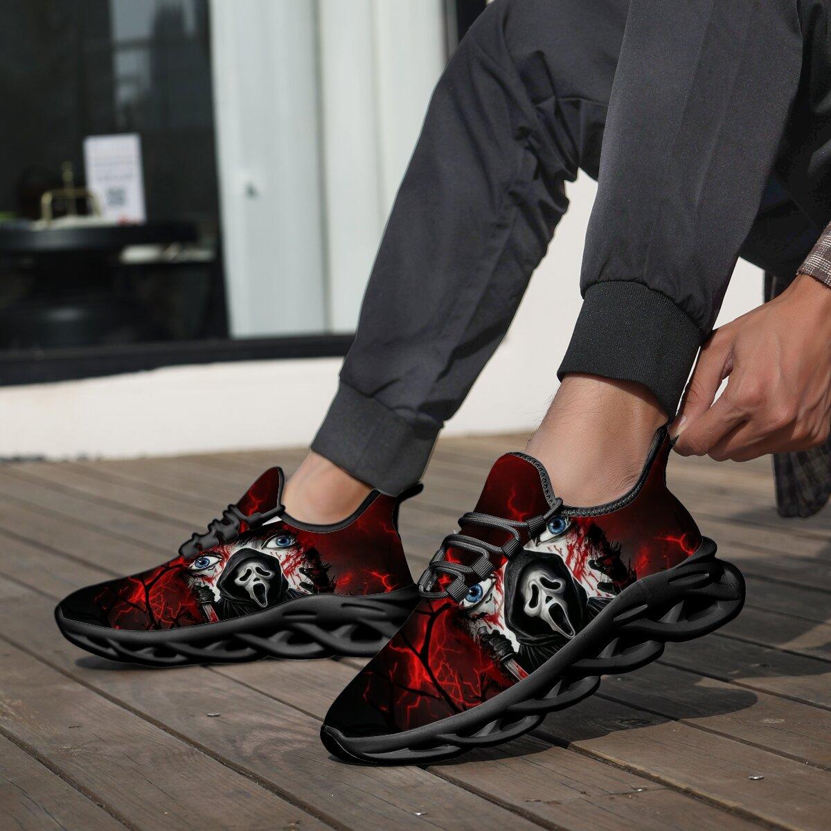 Men Women Halloween Horror Mask Print Sneakers Breathable Mesh Lace Up Blade Type Walking Shoes Lightweight Casual Sports Footwear Outdoor Walking Shoes Holiday Gift
