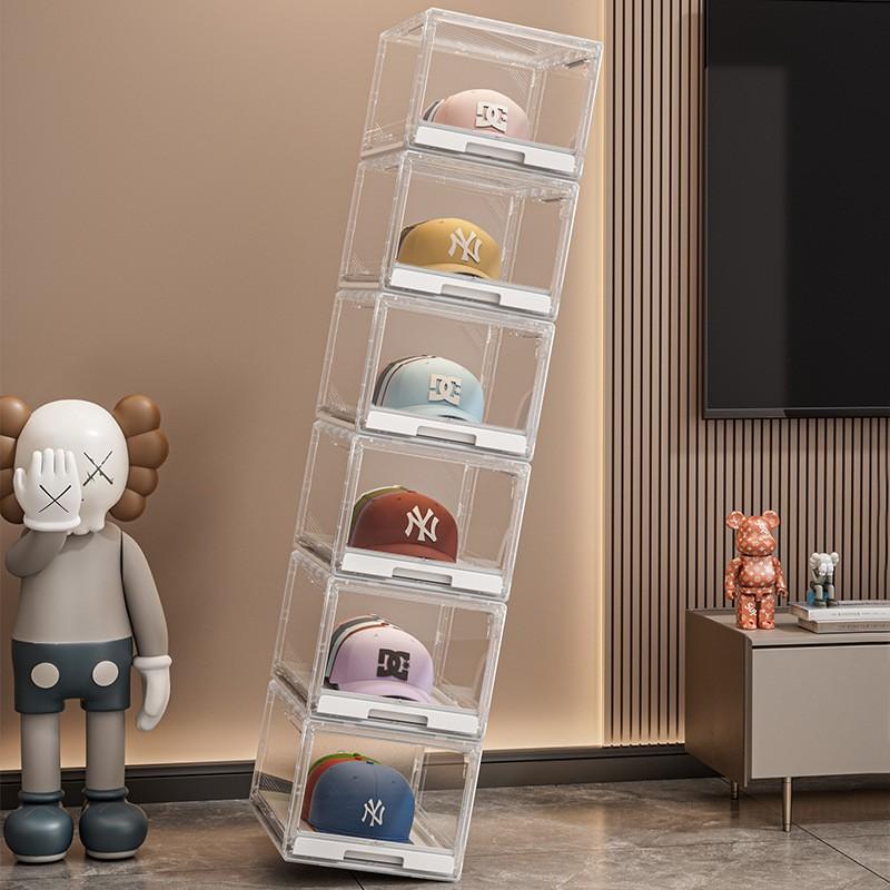 Baseball Cap Storage Box Set, Transparent Hat Organizer Case with Drawer & Sliding Tray, Stackable Display Rack Holds Up to 12 Caps