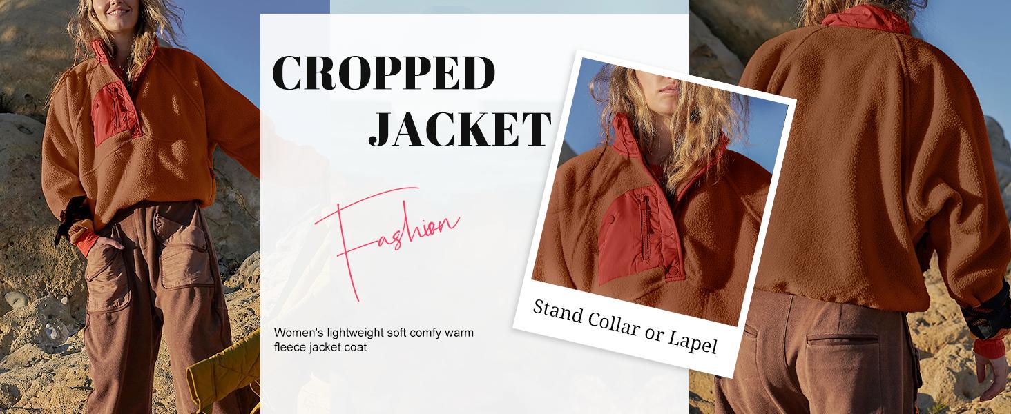 UANEO Women's Lightweight Fleece Pullover Jacket Cropped Fall Winter Fuzzy Sherpa Jacket Sweatshirt Coat with Pockets Casual Long Sleeve Womenswear