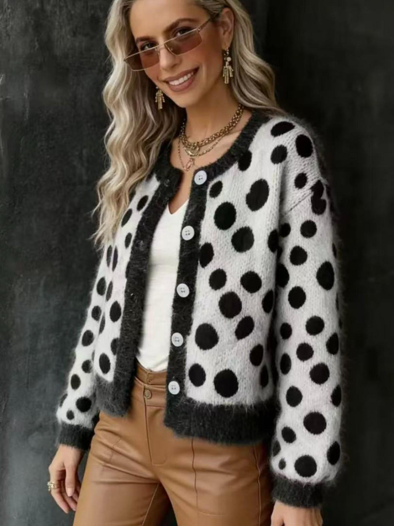 Trendy Polka Dot Colorblock Loose Fit Knit Sweater for Women, Fall Winter New Arrival, Casual Long Sleeve Cardigan, Comfortable and Stylish