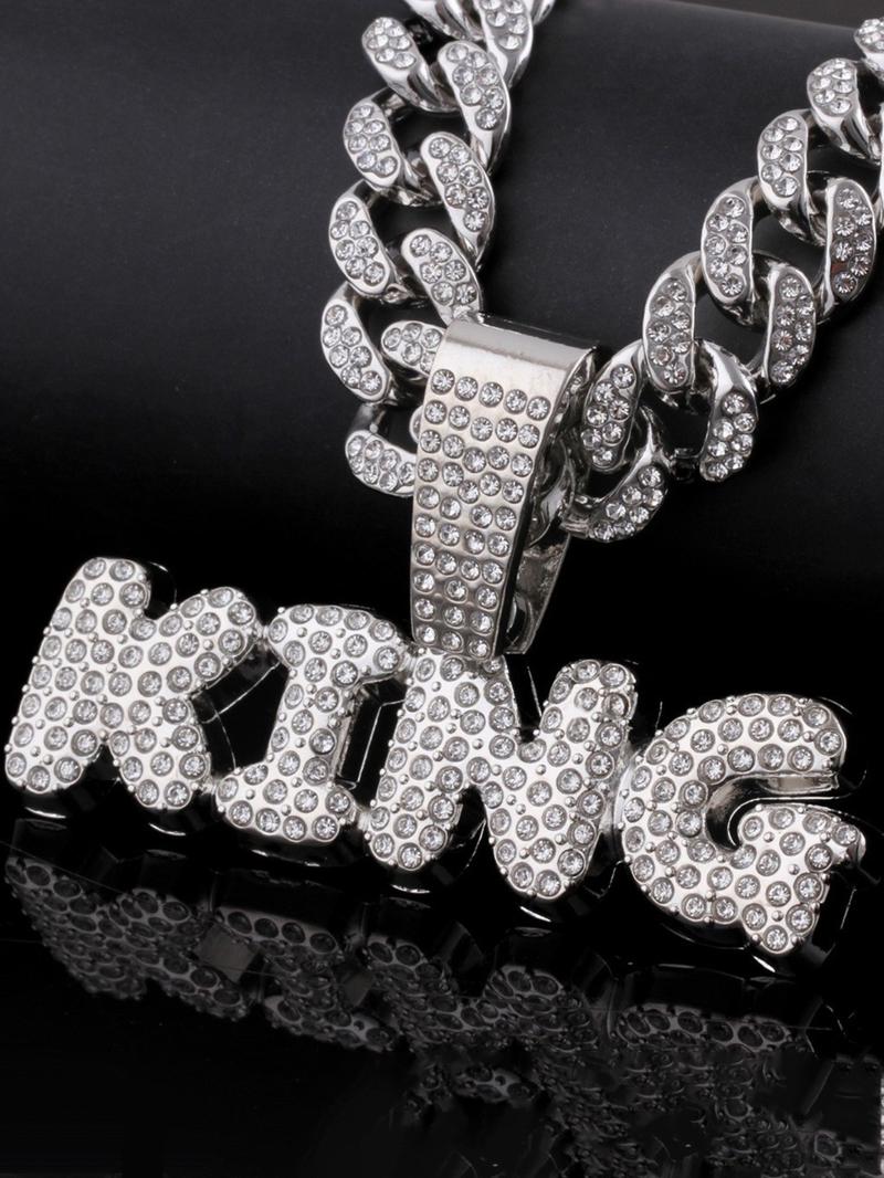 Hiphop Full Diamond King Letter Cuban Chain, Fully Encrusted Detail, Shiny, Unisex Street Style Jewelry, Cuban Link Chain