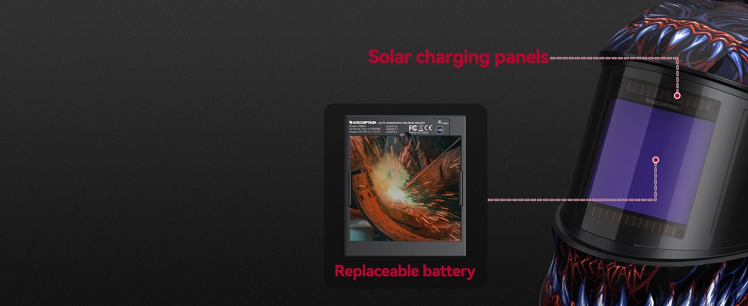 ARCCAPTAIN 3.94"X3.66" Welding Helmet Auto Darkening, 1/1/1/1 Top Optical Clarity Large Viewing Screen Solar Power Welding Hood with 4 Arc Sensor, Wide Shade 4-5/5-9/9-13 for TIG MIG ARC Welding Cut