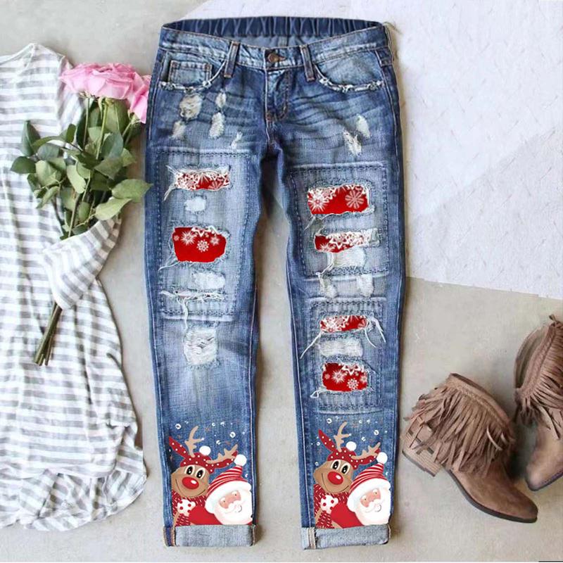 Women's Distressed Skinny Jeans with Red Santa & Reindeer Print Vintage Ripped Design Stretch Waistband for Comfort Holiday Casual Street Style Fit All Seasons Straight Cut Denim Leg Trouser Fabric Womenswear Elastic Stretchable Fitted