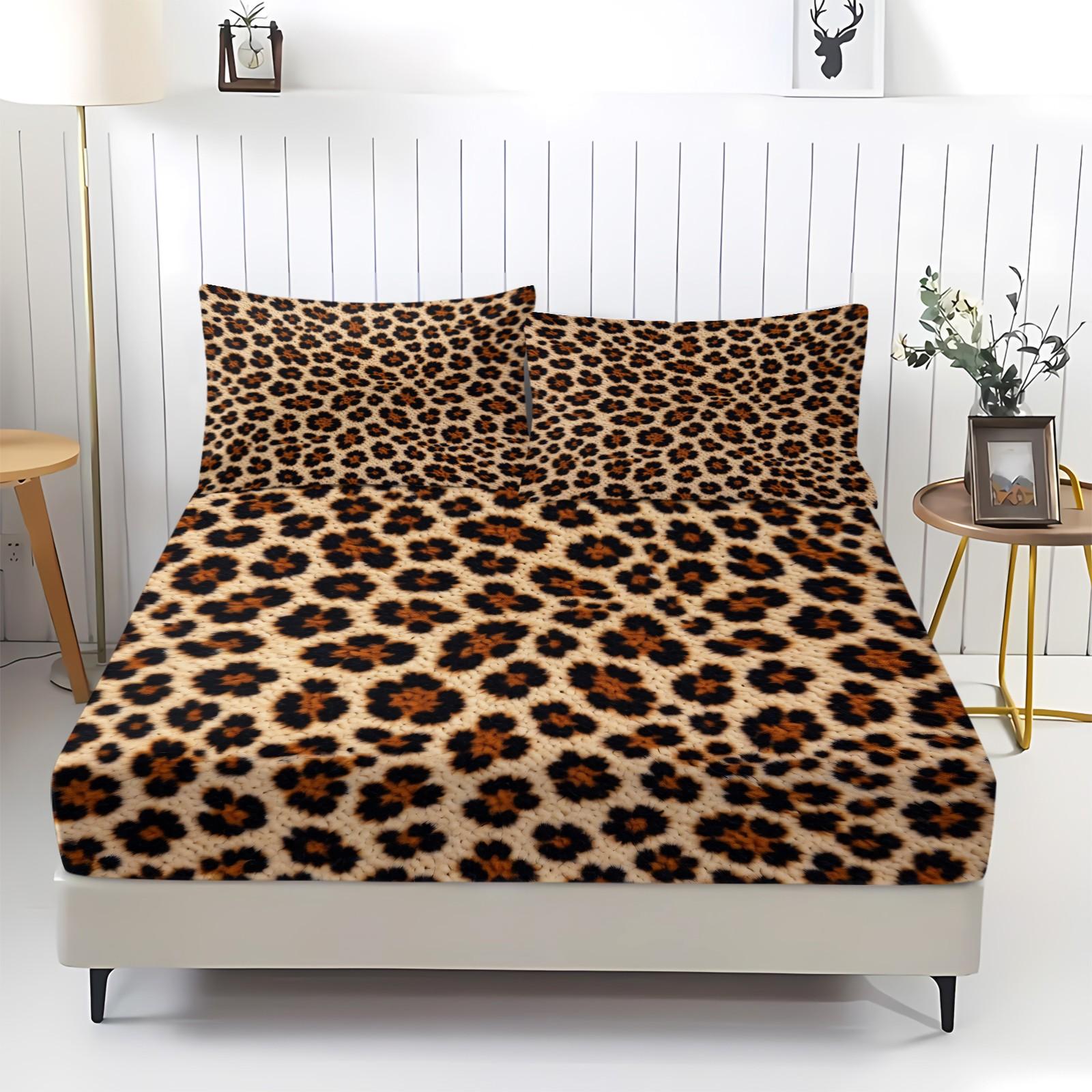 3Pcs Classic Leopard Print Luxury Vintage Boho Fitted Sheet Set, Elastic Edge Wrap Around Mattress, Wrinkle Resistant Non-Slip Easy Care, Ideal Housewarming Birthday Christmas Gift