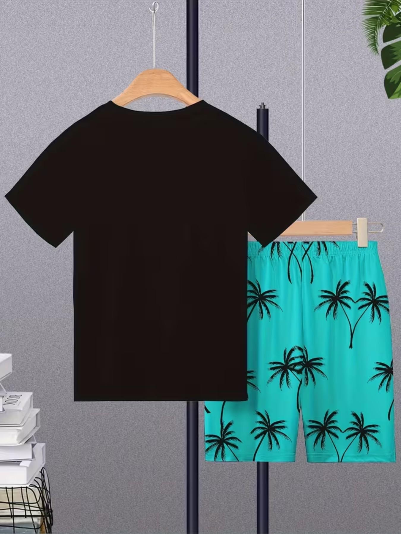 Men's Summer Vacation Tropical Coconut Tree Print Round Neck Pullover T-Shirt + Drawstring Shorts Set, Casual Loose Fit Two-Piece