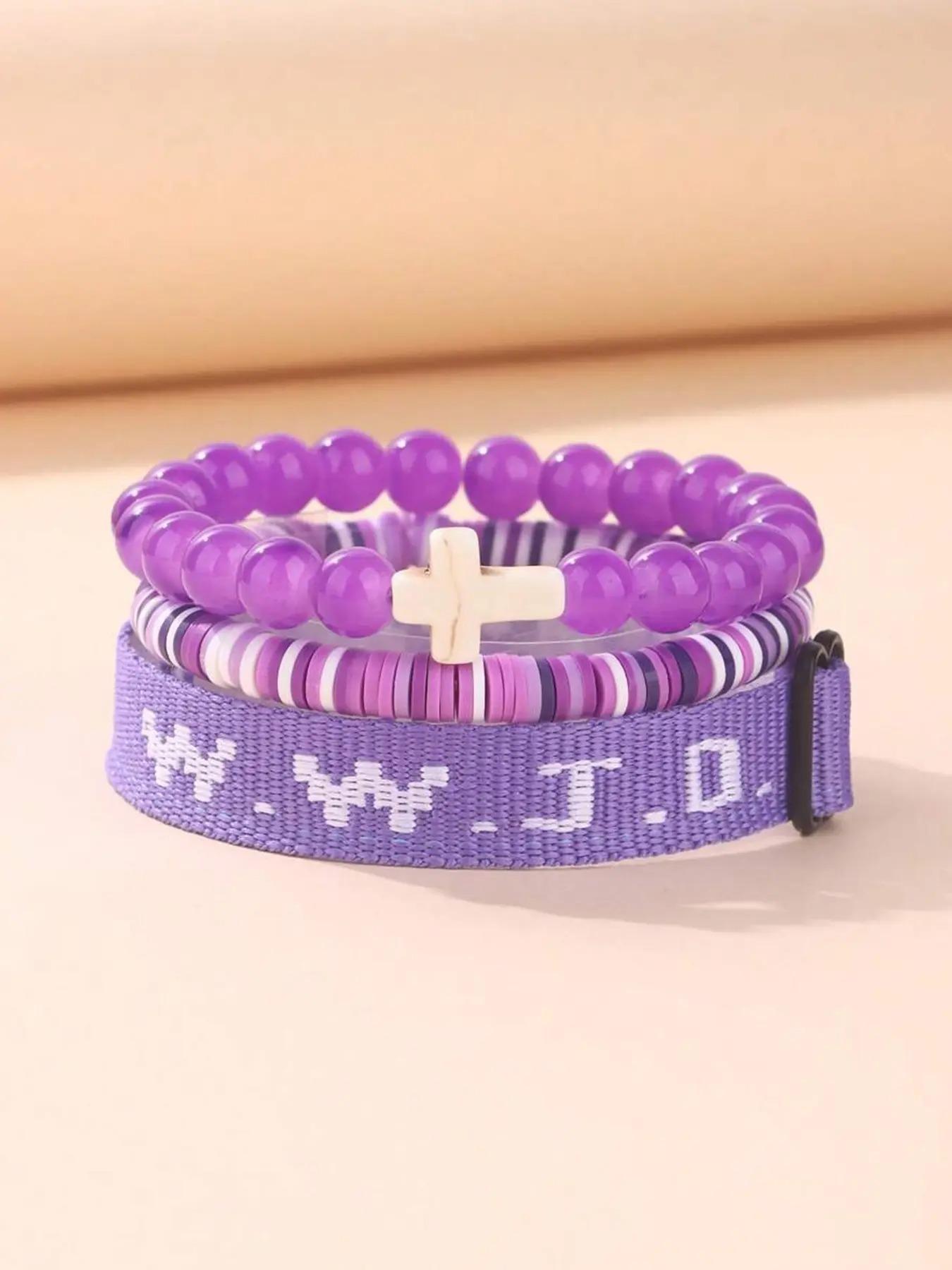 WWJD Beaded Bracelet, Fashionable Cross Charm Decor Bracelet for Women & Men, Trendy All-match & Exquisite Jewelry for Birthday Gift