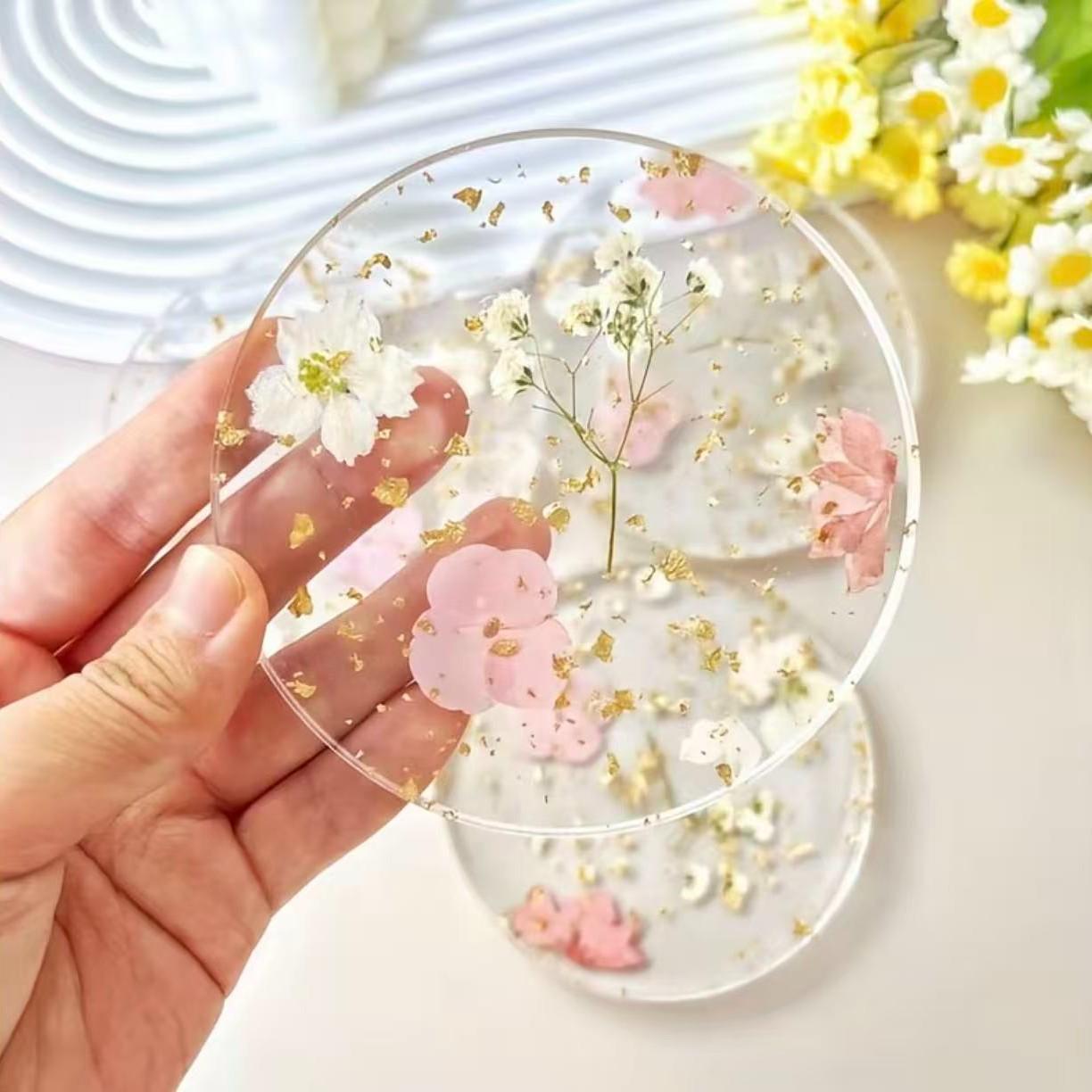 4pcs Transparent Floral Acrylic Tableware Coasters, Waterproof, Non-Slip, Heat Resistant,Home Gift, Kitchen, Office Desk, Wedding Birthday Party Decor