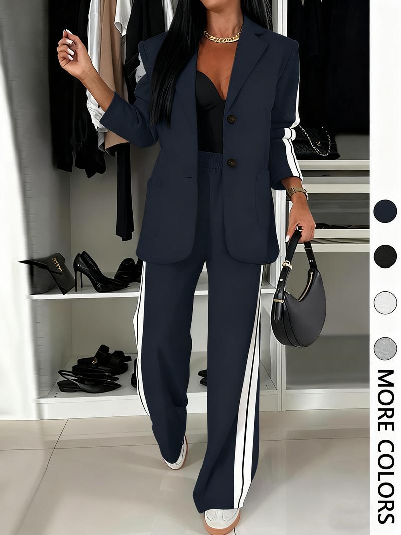 Valentine's Day Women's Striped Print Blazer Jacket & Wide Leg Pants Set, Casual Fitted Suit for All Seasons, Stylish Ladies' Clothing Ensemble