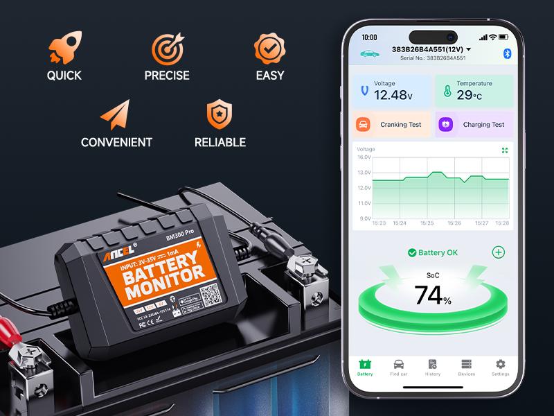 ANCEL BM300 Pro 6V 12V 24V Battery Monitor - Bluetooth 5.3 Battery Monitor with Charging, Cranking System Test & Alarm - IP67 Waterproof Voltmeter for Trucks, Cars, Motorcycles, Boats