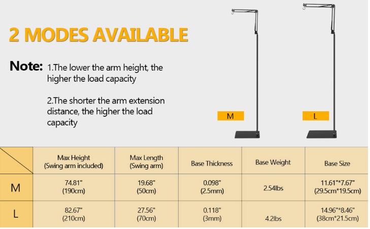 Reptile Heat Lamp Stand,Adjustable Heat Lamp Stand for Reptiles 7.87-74.8" with 360° Rotatable Swing Arm, Reptile Light Stand for Bearded Dragon Lizard Turtle Chick Plants