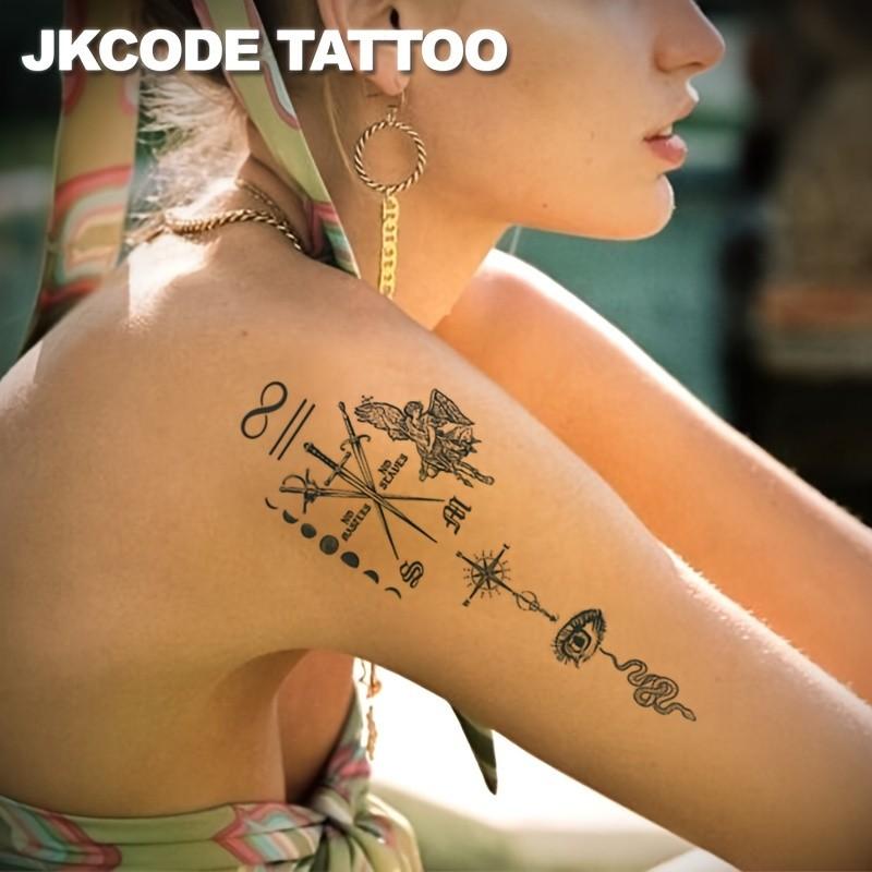 Herbal Hand Tattoo Stickers Set, Bat Letter Poison Snake Sun Polar Star Sword Eye Vintage Style Temporary Tattoos Gift