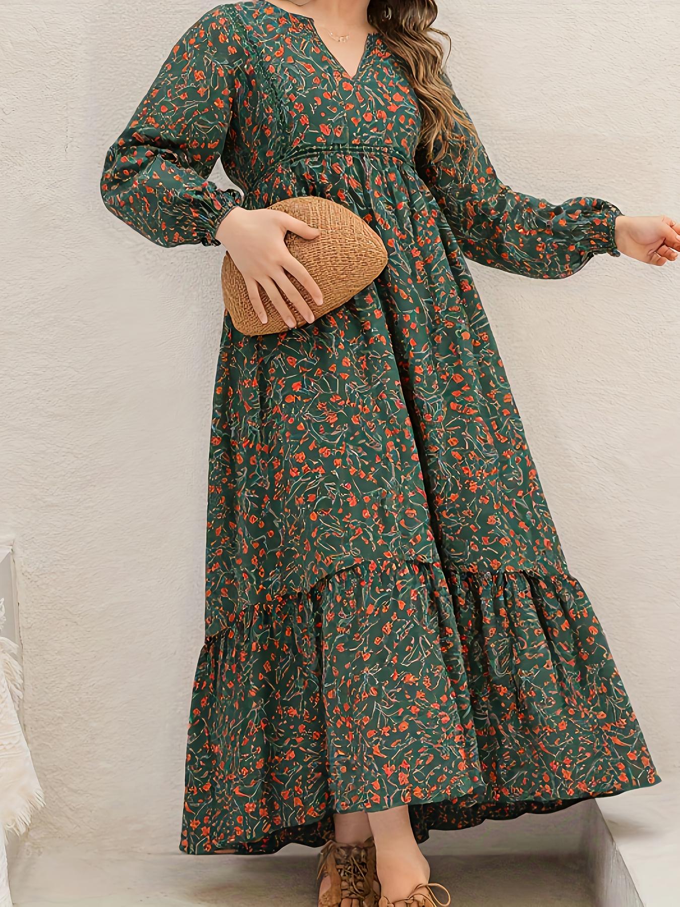 Plus Size Women's Floral Woven Dress, Fall Winter V Neck Tie Back Lace Trim Long Sleeve Maxi Dress, Casual Elegant Fashion