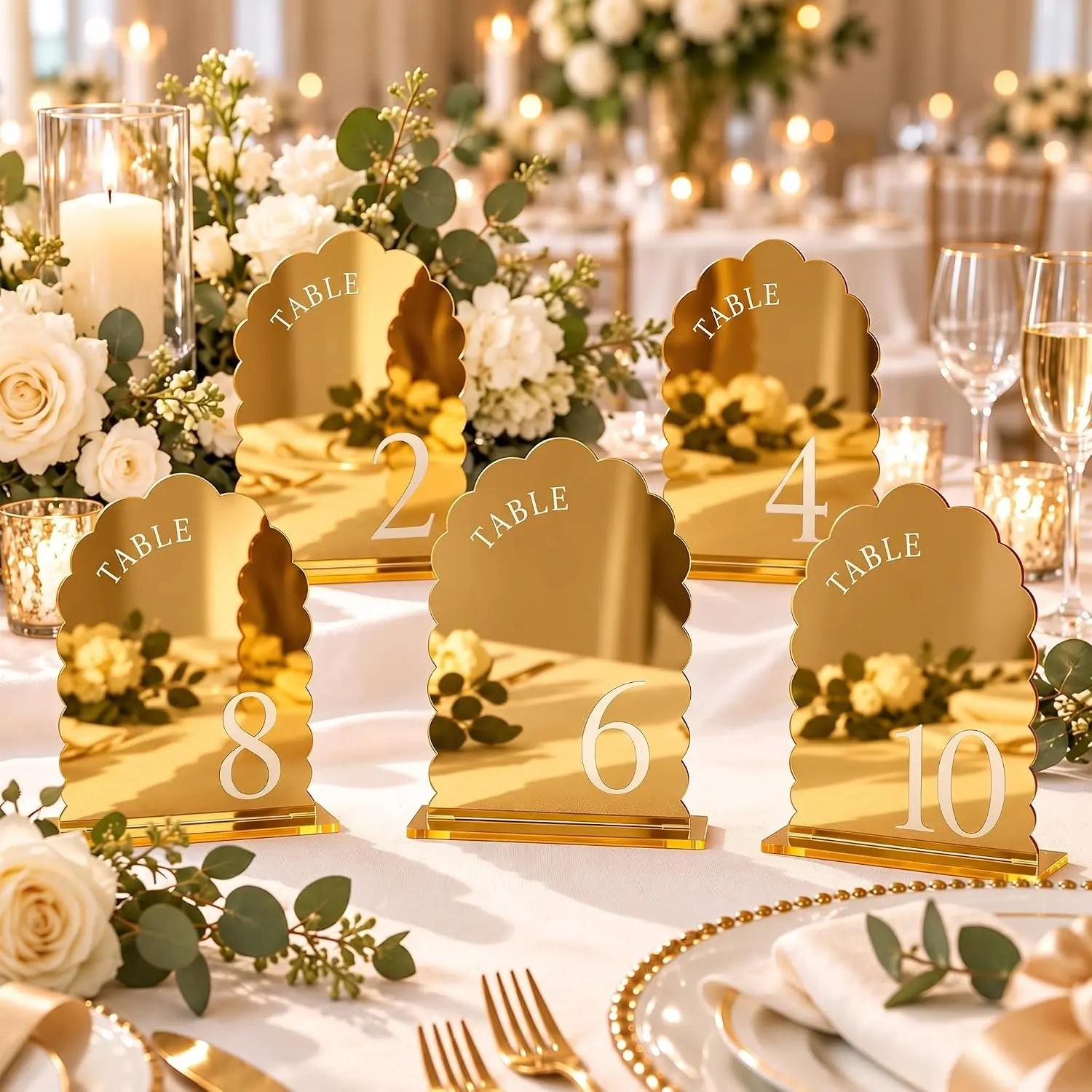 Mirror Wave Table Numbers 1-10 with Stand, Acrylic Arch Sign for Wedding Banquet, Restaurant Seating, Birthday Party Decorations