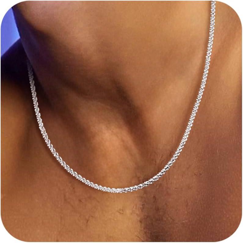 Tewiky Men's 2mm/3mm Twist Rope Chain Necklace 16/18/20 Inch Sparkling Layered Choker Trendy Silver Hypoallergenic Fashion Gift Modern Versatile Accessories
