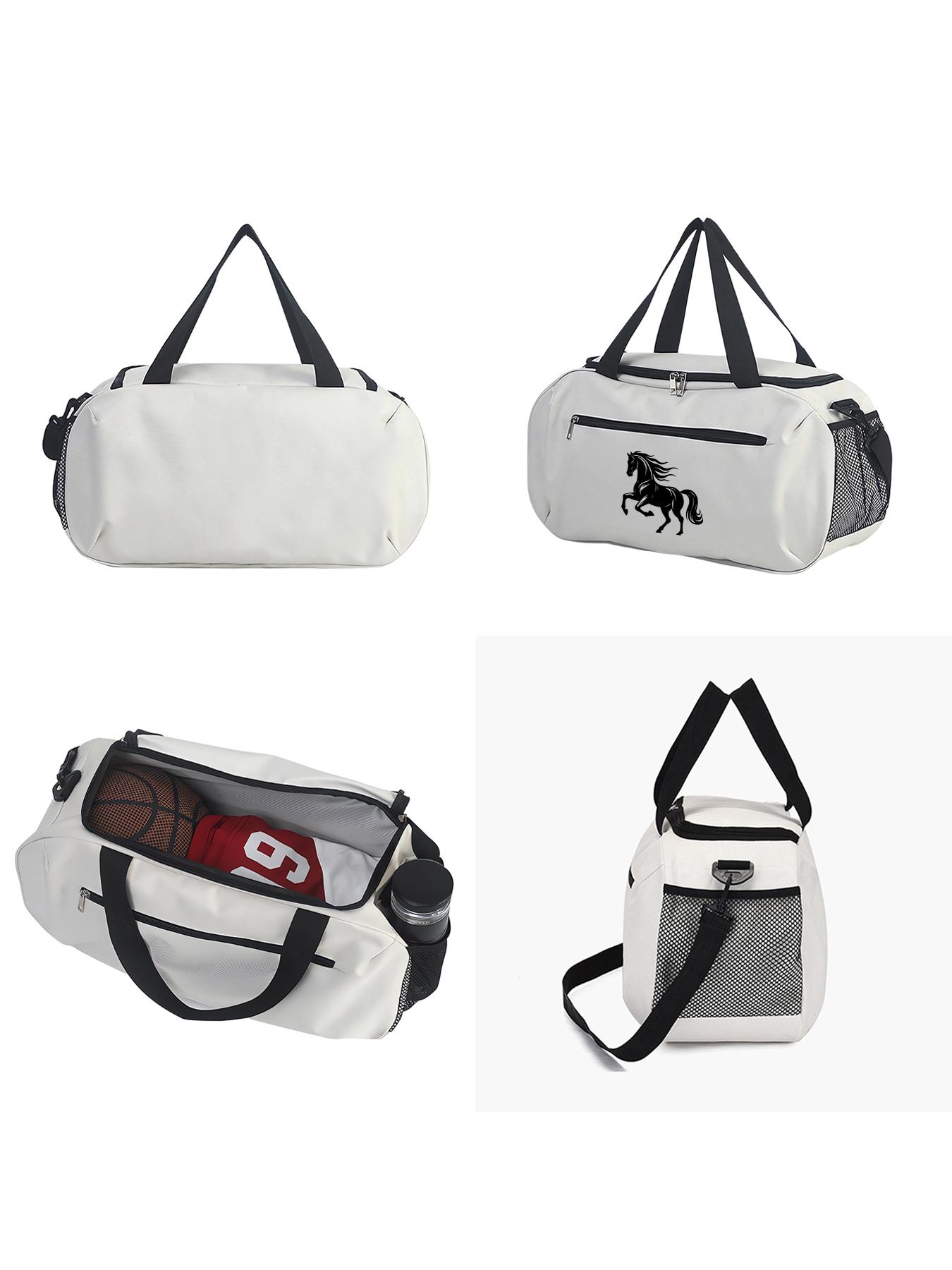 Steed Print Large Capacity Sports Gym Bag, Dry-wet Separation Storage Luggage Bag, Hand & Crossbody Travel Bag with Side Mesh Pocket. Unisex bag for training and short business trips, perfect gift for men.