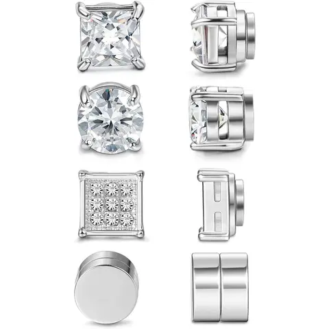 CASSIECA 4Pair Non Piercing Geometric Magnetic Earrings Stainless Steel Cubic Zirconia Clip On Studs with 6mm/7mm/8mm Square, Round Designs, Fashion Men's Jewelry Sohochic