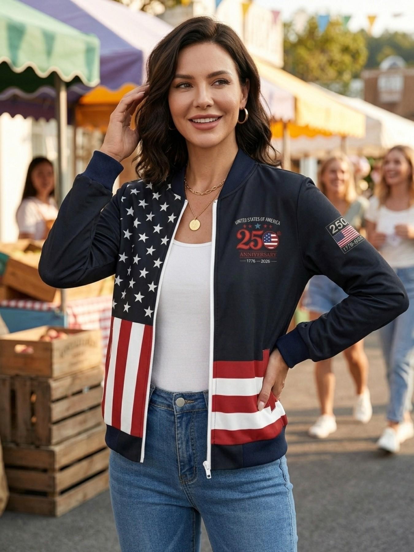 Vintage American Flag Baseball Jacket for Women, Casual Fashionable Jacket, Usa 250th Anniversary Badge Sleeve Print, Stand Collar Front Zipper, Soft Lightweight Long Sleeve Patriotic Coat, Fashion Casual Outerwear