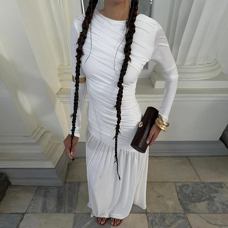 Women's Solid Ruched Round Neck Long Sleeve Pleated Dress, Elegant Plain Patchwork Plicated Slim-fitting Long Dress, Party Club Date Evening Gown Formal Dress, Ladies Spring Fall Winter Casual Dresses Clothes Wear, Formal Bodycon Dress