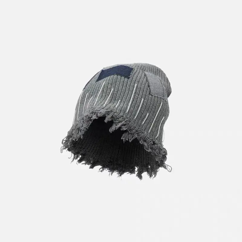 Unisex Distressed Knit Fabric Beanie - Vintage Ripped Hole Skull Cap with Raw Edge Patch, Soft Stretch Punk Look Hat for Men, Edgy Grunge Headwear for Streetwear Outfits, Outdoor Activities
