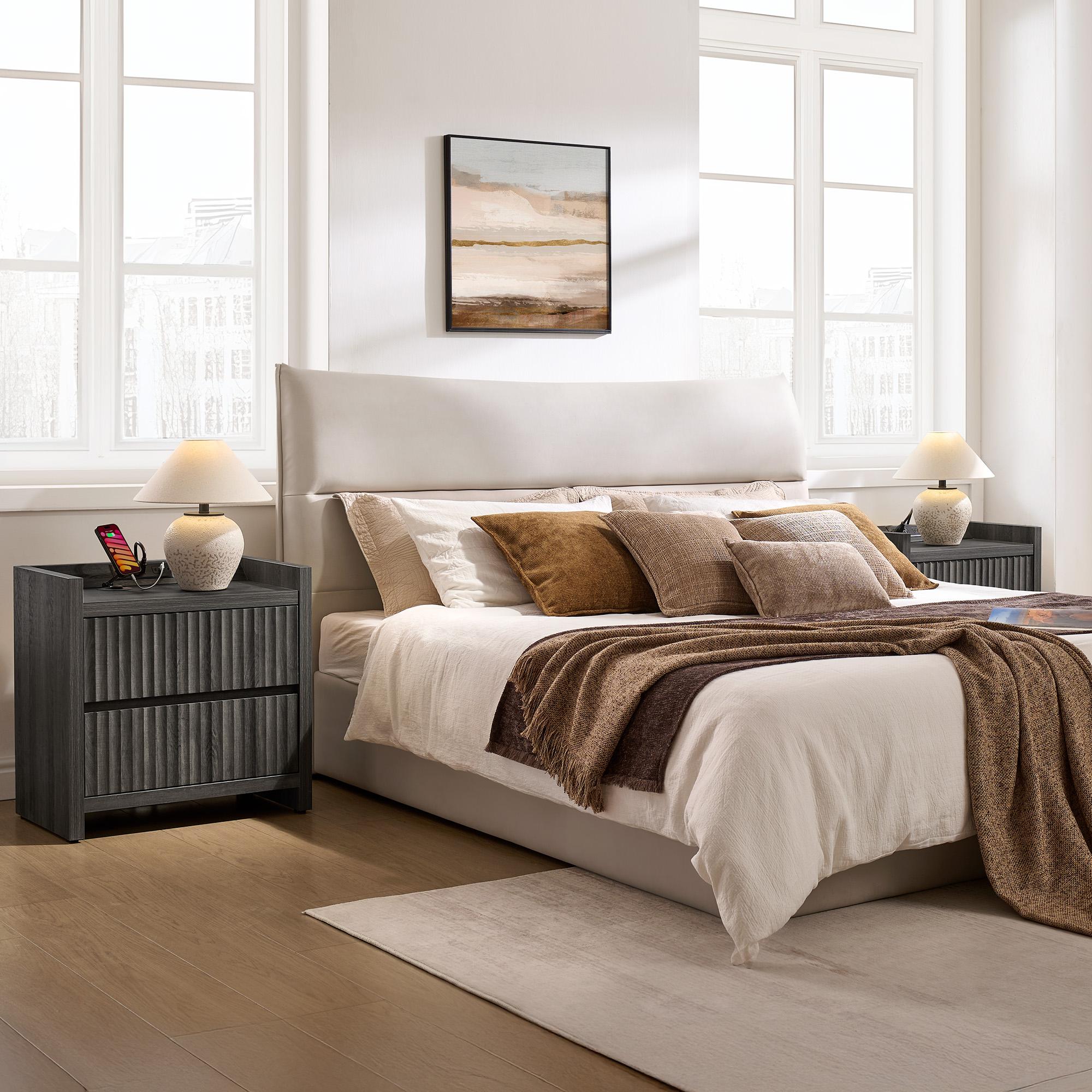 SICOTAS Night Stand Set of 2 Fluted Nightstands with Charger Station, Large Modern Nightstand Bedside Table End Table with 2 Drawers, 25" Wide Farmhouse Night Stands for Bedroom, Sofa Side