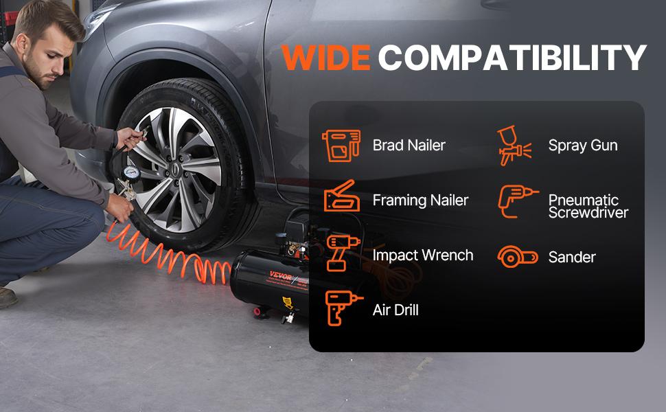 VEVOR Air Compressor, 2 Gallon Steel Tank, 1HP 2.1 CFM 8bar Oil Free Air Compressor Max. 120PSI Pressure, 81dB Ultra Quiet Portable Compressor, for Auto Repair, Tire Inflation, Spray Painting