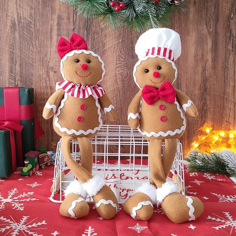 15-Inch Large Christmas Plush Gingerbread Man Doll, Boy Girl Version, Chef Hat and Bow, Decorative Ornament, Home Soft Toy, Holiday Decoration