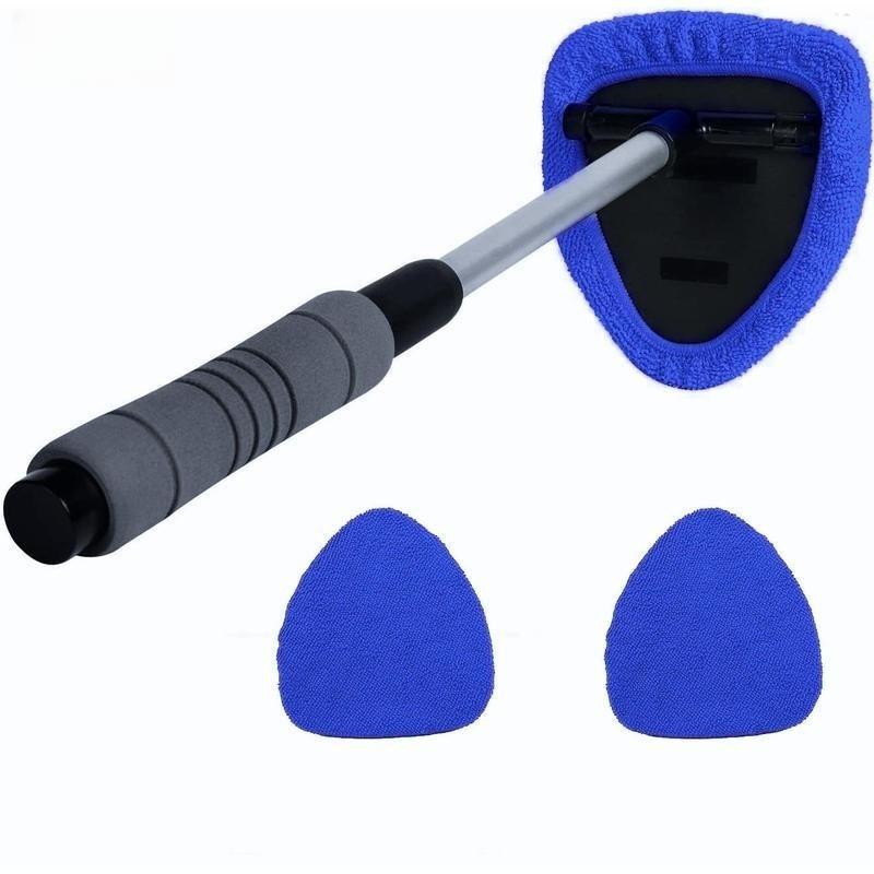 Windshield Cleaner Tool, Microfiber Car Window Cleaning Tool with Extendable Handle & 2 Cloth Pad Head, Auto Interior Exterior Glass Wiper Car Glass Cleaner Kit, Car Detailing Accessories