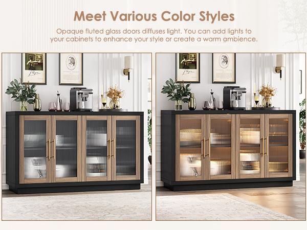 FOTOSOK Buffet Cabinet with Storage, 55.1" Large Sideboard with 4 Glass Doors, Kitchen Cabinet Buffet Table, Wood Coffee Bar Display Cabinet