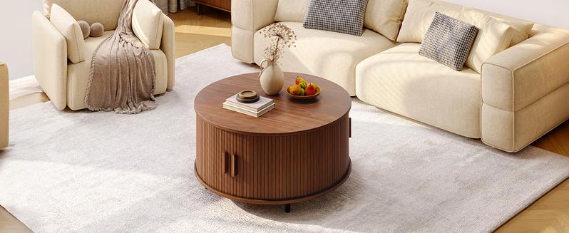 【Valentine's Day gift】ONBRILL 31.5" Round Storage Coffee Table, Fluted Wood Coffee Table with Adjustable Footpads and 360° Curved Sliding Door, Living Room Furniture