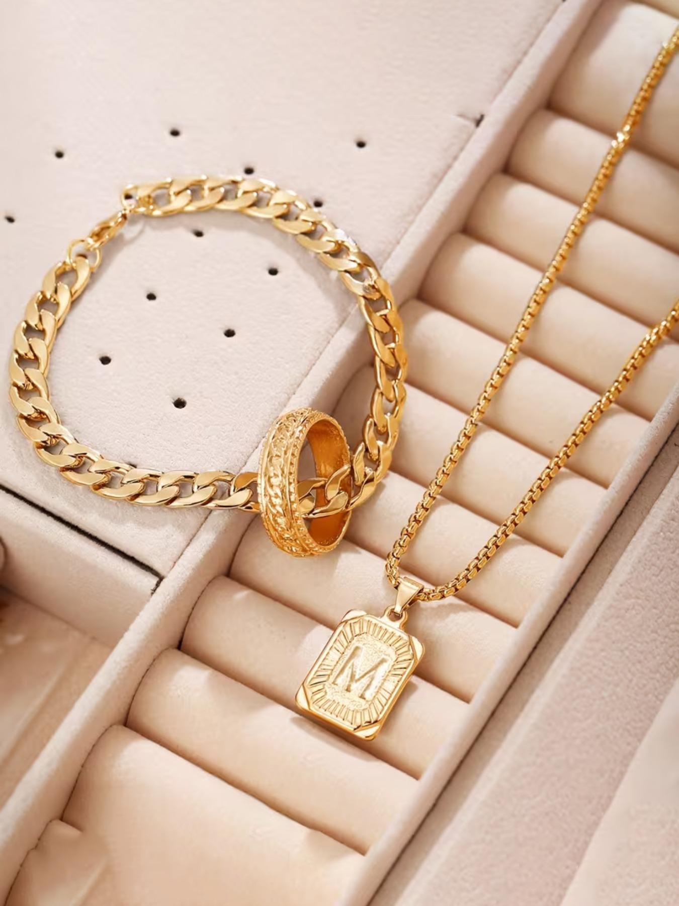 8pcs Men's Gold Watch Set, Fashion Quartz Watches, Vintage Necklace Ring Bracelet Set, Jewelry Sets, Perfect Gift for Him