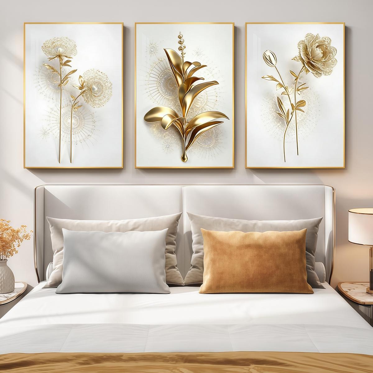 3 Counts Aluminum Alloy Framed Painting, Golden Abstract Flowers Artwork, Home Decoration For Living Room, Bedroom, Office, Restaurant, Hallway Wall Decor, Odorless Print Artwork, Luxury Perfect Gift For Friends And Family