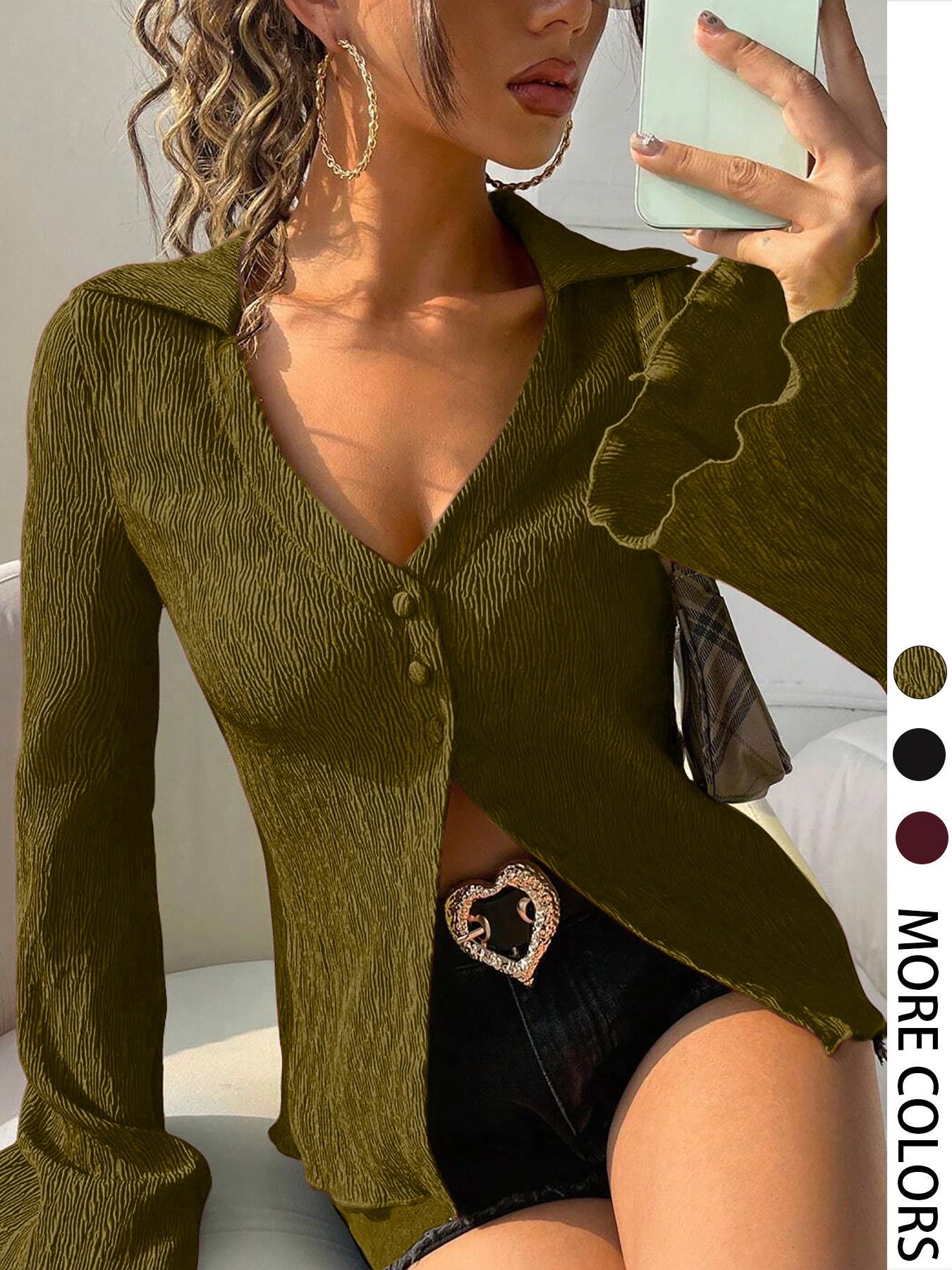 Women's Solid Color Fitted Flared Bell Sleeve Blouses & Shirts, Casual Elegant Long Sleeve Top for Daily Wear, Ladies Clothes for All Seasons