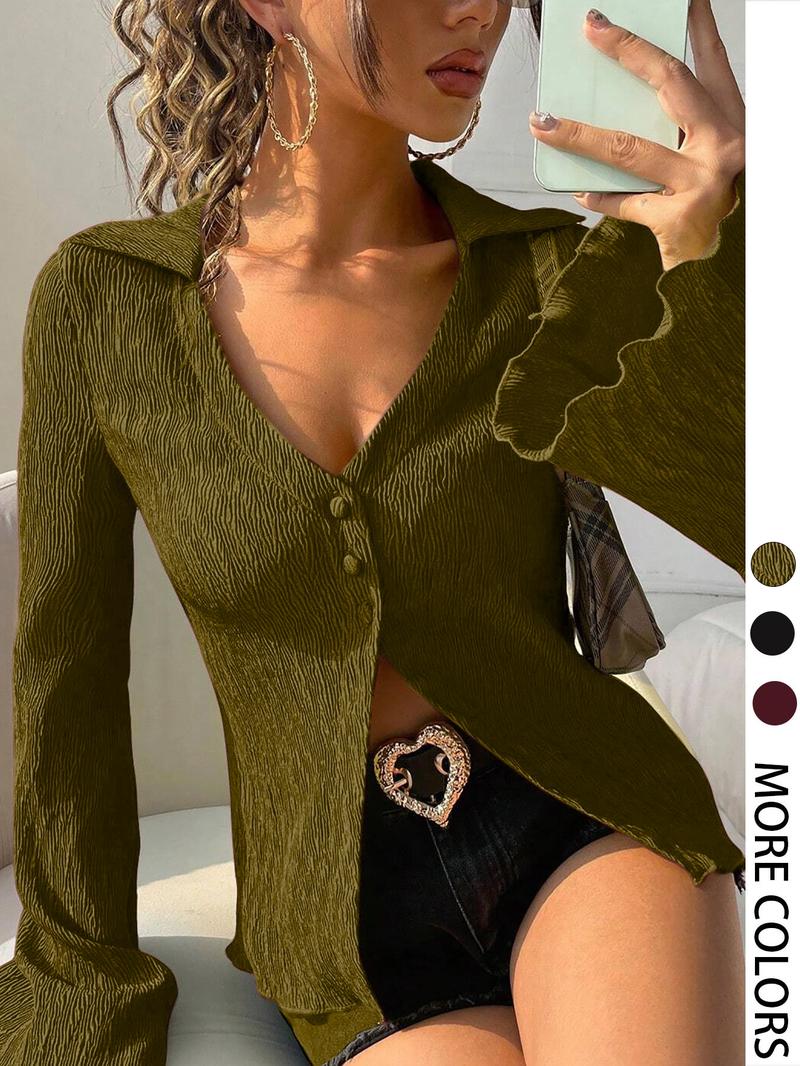 Women's Solid Color Bell Sleeve Blouses, Casual Elegant Long Sleeve Top for Daily Wear, Ladies Clothes for All Seasons