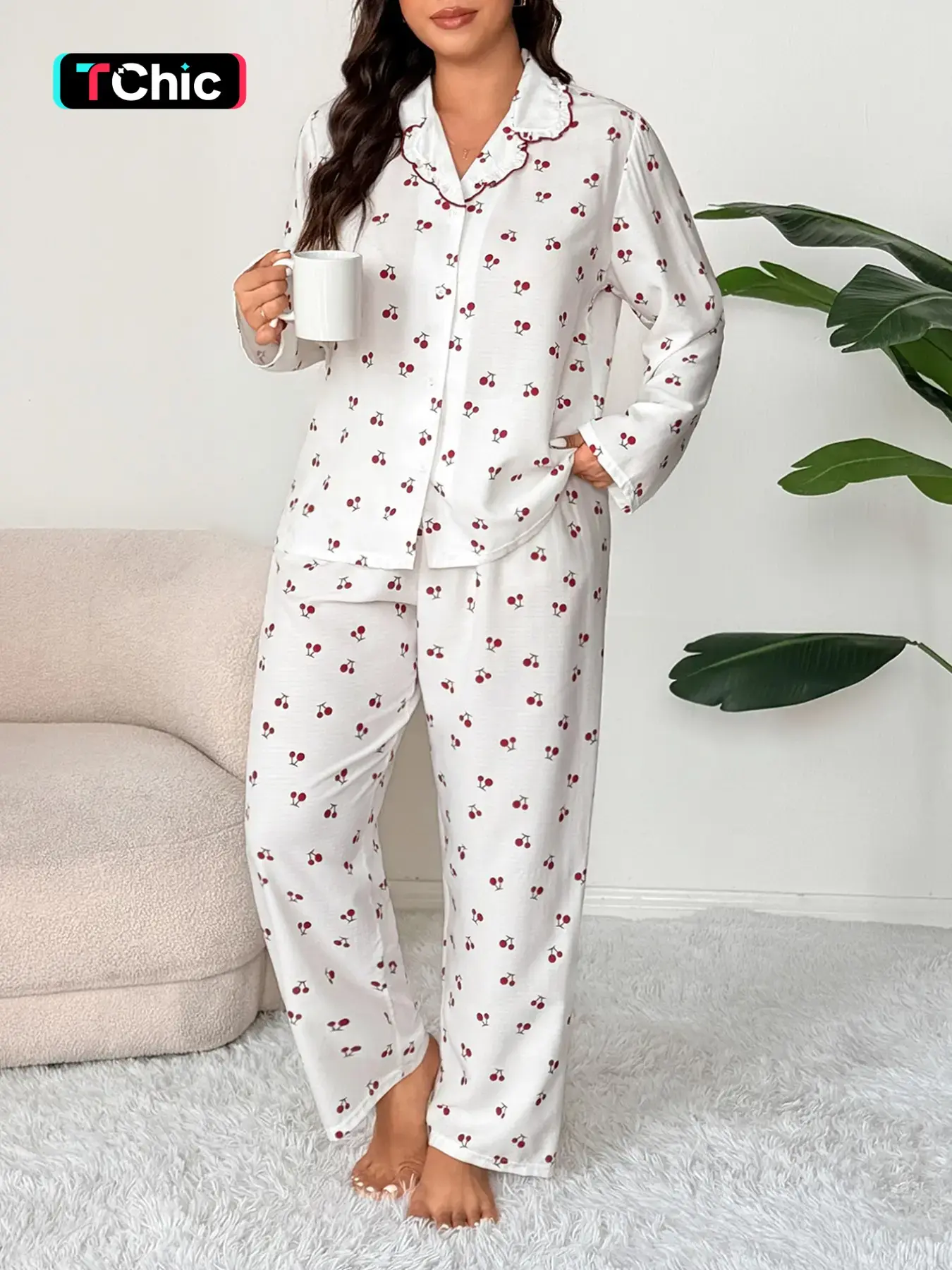 Women's Textured Fabric Casual Printed Sleepwear Set, Long Sleeve Button-Front Pajamas, Contrast Binding Cherry Print, Fitted Two-Piece Cozy Loungewear Pjs
