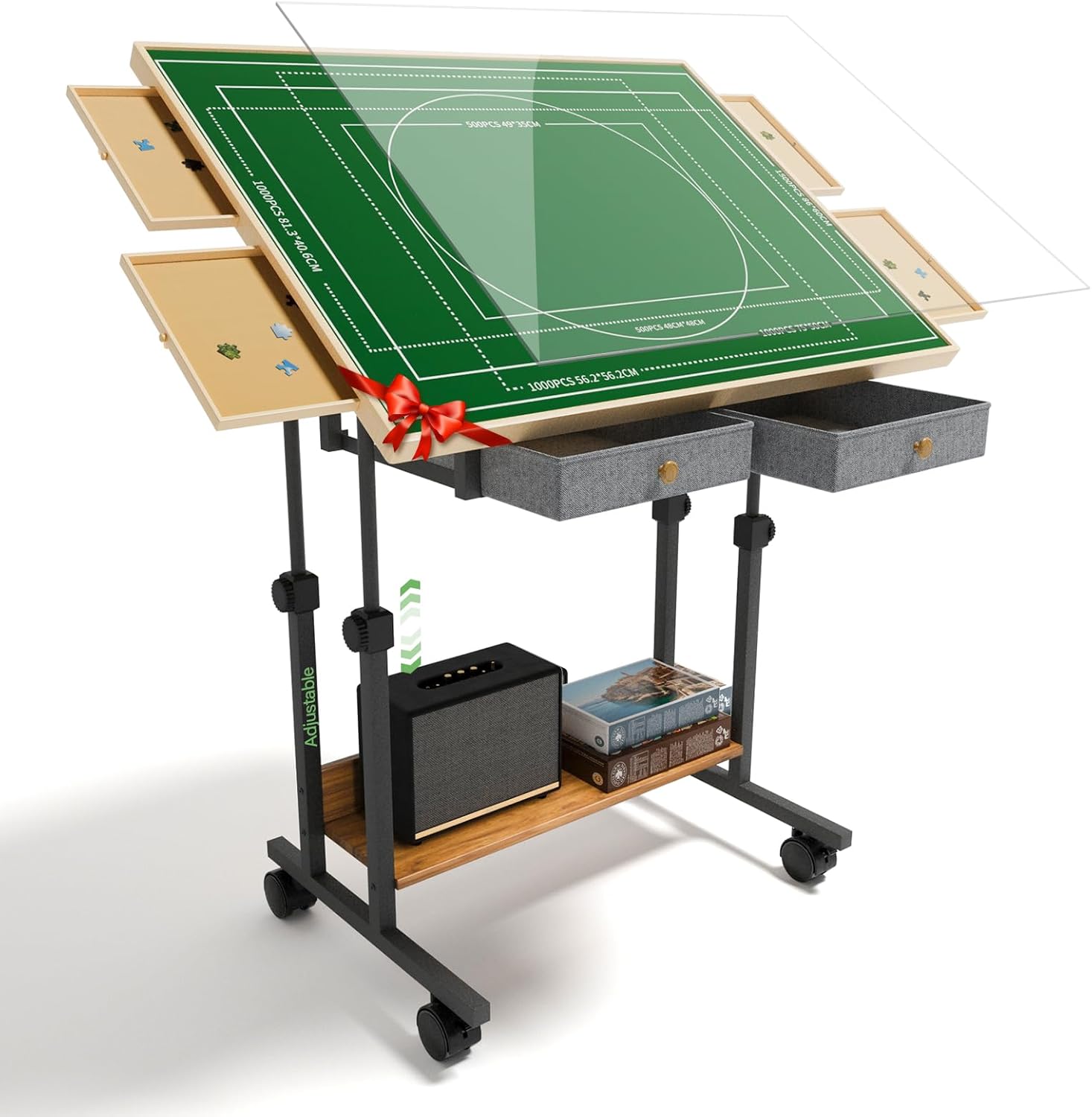 POZILAN 1500-2000 Piece Jigsaw Puzzle Table with Legs, Adjustable 5-Tilting-Angle Board with 6 Drawers with 4 Wheels for Adults