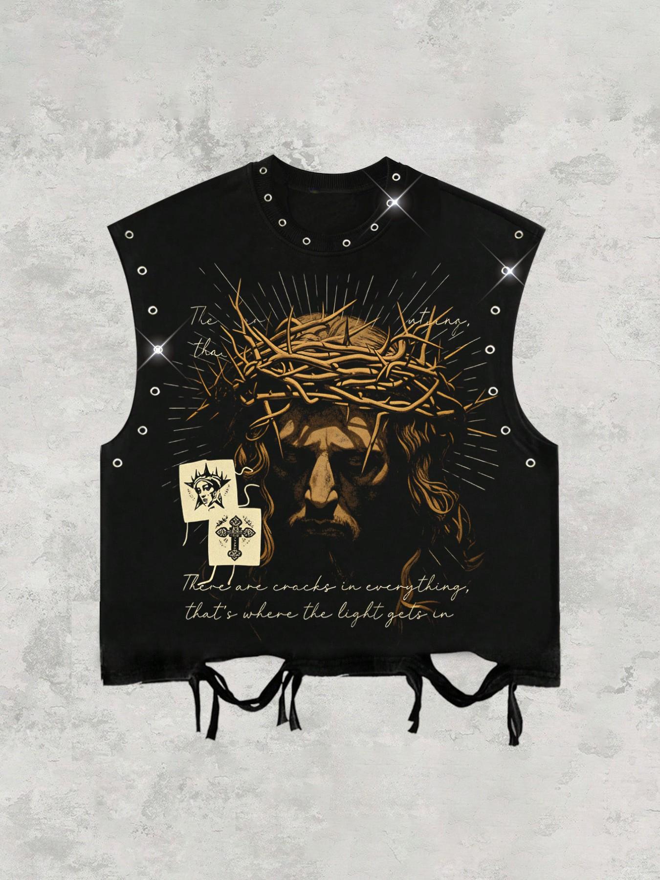 Men's vest with distressed and ripped details, eyelet design at the collar and cuffs, exuding a punk vibe. Made of soft, skin-friendly fabric, it's a must-have for summer music parties. The unique, loose-fitting cropped design showcases individuality.