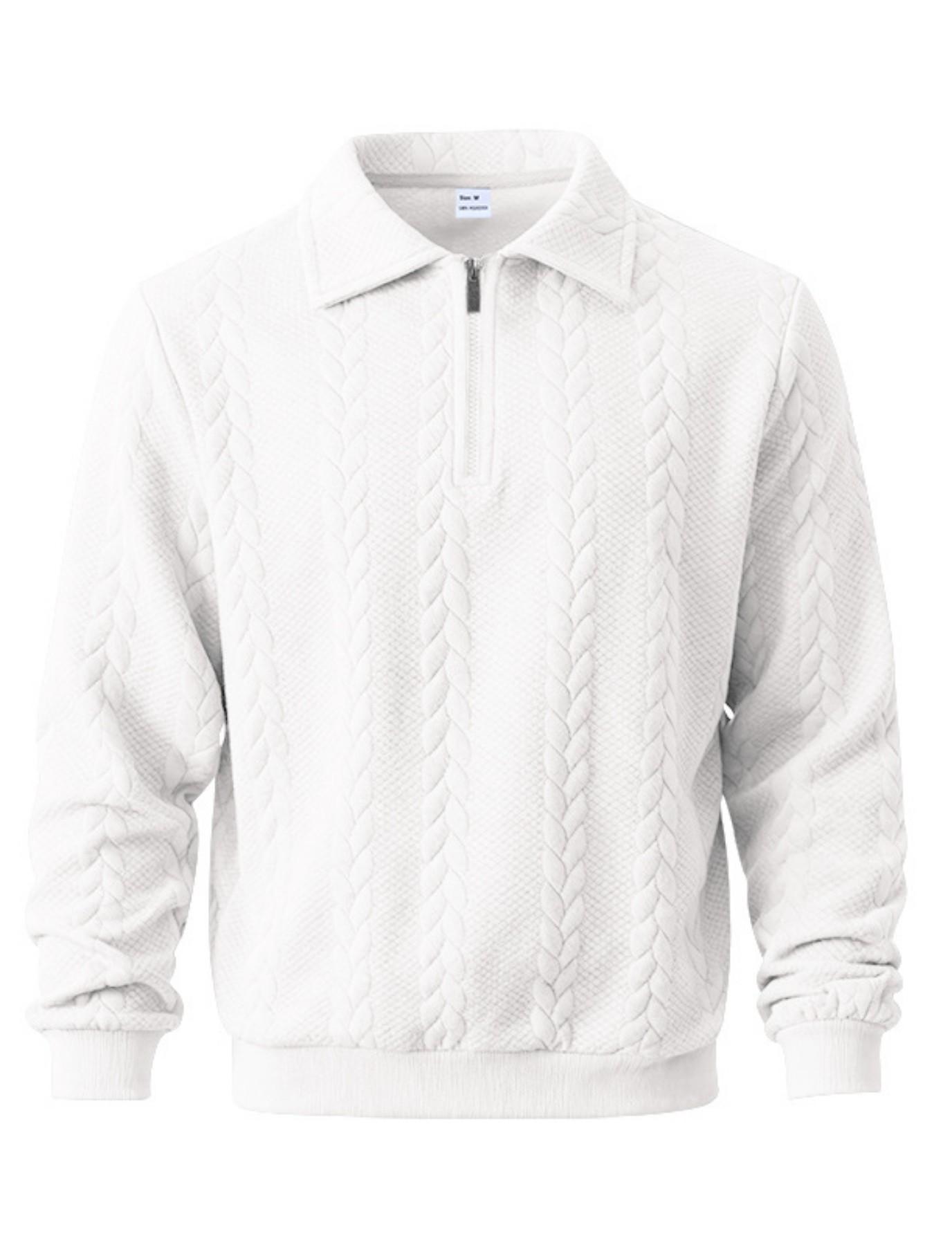 Men's Cable Knit Quarter Zip Polo Sweatshirt, Leather Label Long Sleeve, Casual Pullover, Soft Knit Jumper for Business Casual