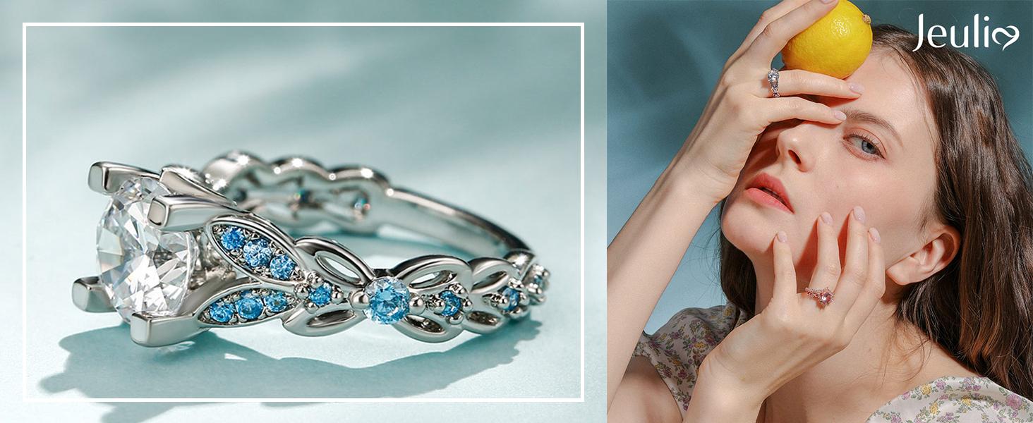 Jeulia 4.3 Carat Personalized Sterling Silver Butterfly Rings for Women Purple Amethyst Bridal Round Cut Wedding Engagement Eternity Valentine's Promise Ring Sterling Silver Zircon