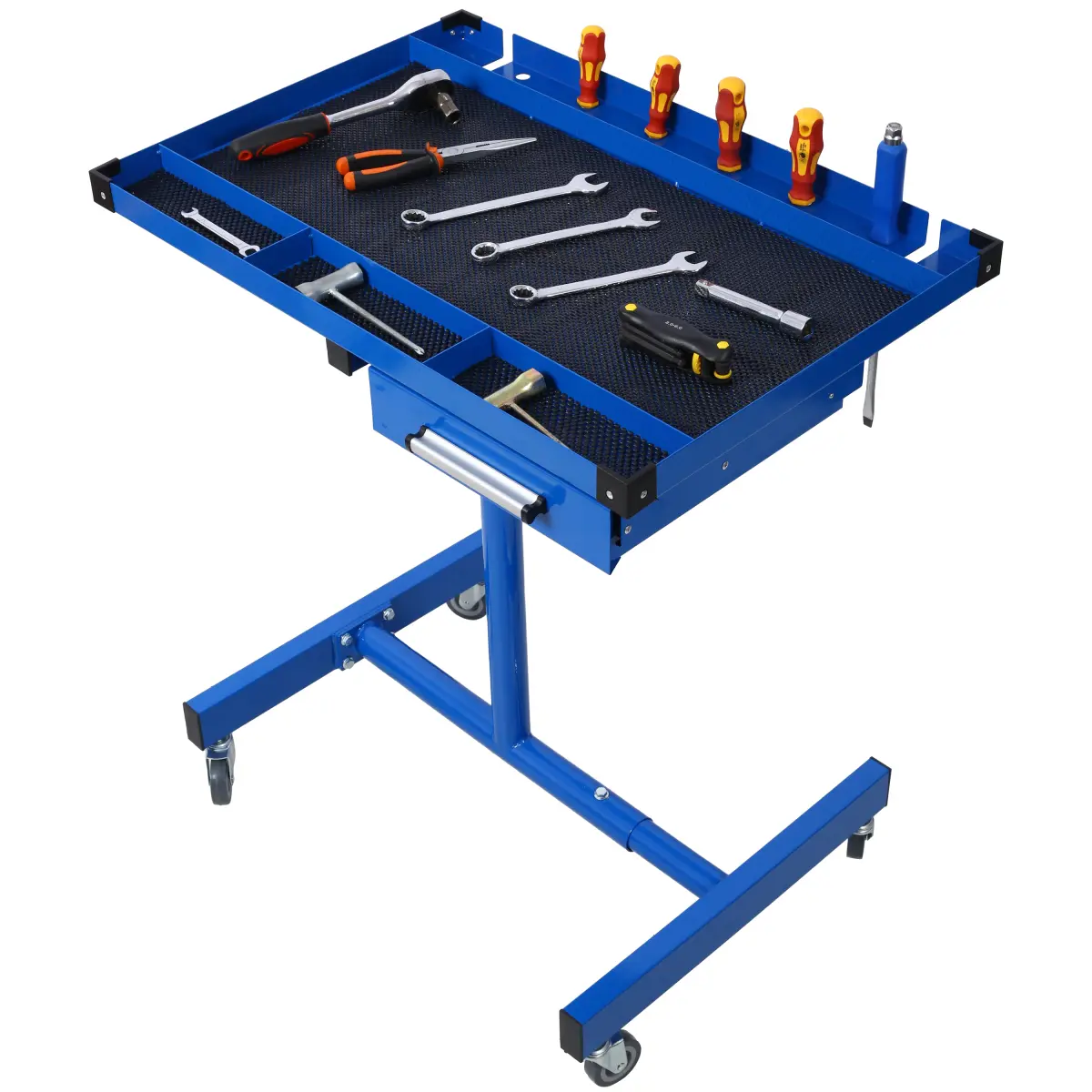 Heavy-Duty Steel Adjustable Tear Down Work Table with Storage Drawer, Portable Workshop Workbench for Garage & Repair Shop DIY Tasks, 220LBS Weight Capacity, 4*2.5" Swivel Casters, Rubber Corner Guards, Blue