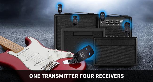 LEKATO WS-80 Wireless Guitar System 2.4Ghz, Audio Wireless Transmitter Receiver with 4 Channels for Electric Guitar and Bass, Rechargeable Guitar Wireless Transmitter and Receiver, for Electric Instruments