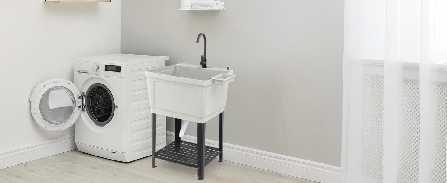 Industrial Grey Rectangular Freestanding Bathroom Utility Sink Laundry Tub - Stainless Steel Faucet, Waterproof Durable, Fully Assembled Indoor Wash Basin, 23.6"W×23.6"D×36.2"H 36.2" Tall Reach, Ideal for Households, Manufacturer Warranty