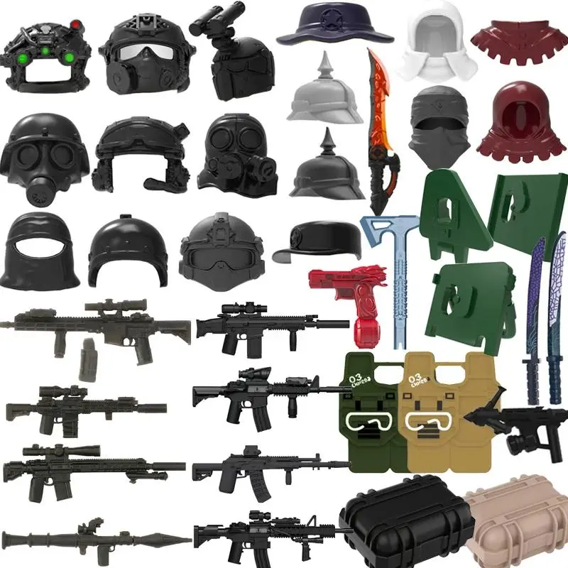 Military Figure Accessory Building Blocks 3D Printed Tactical Helmet MK18 Gun Rocket Launcher Shield Equipment Box Toy Gift S12