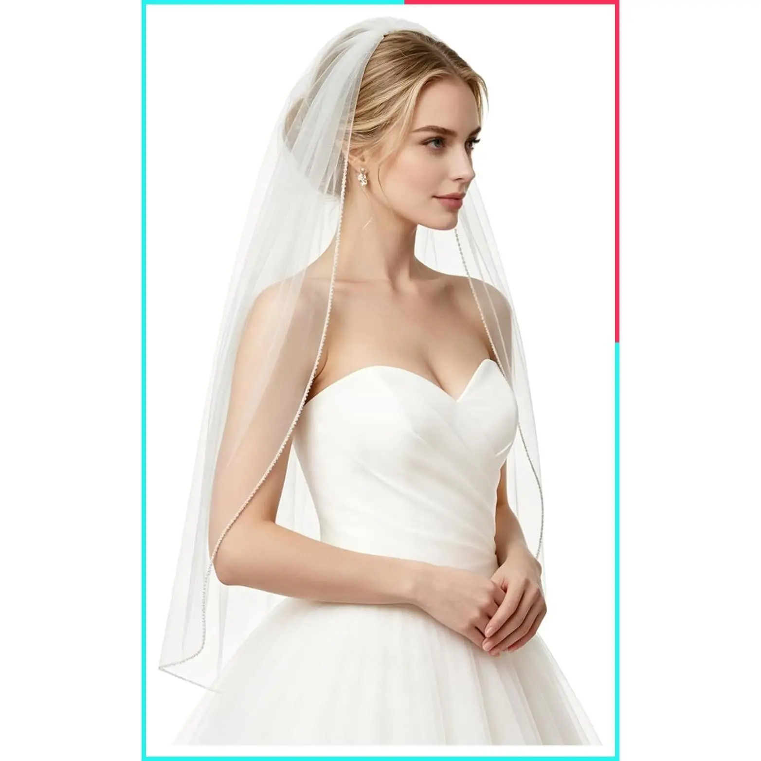 Single Tier Wedding Veil with Comb, Pearl & Crystal Beaded Edge, Fingertip Length Soft Tulle, Cathedral Length Available, Elegant Bridal Accessory