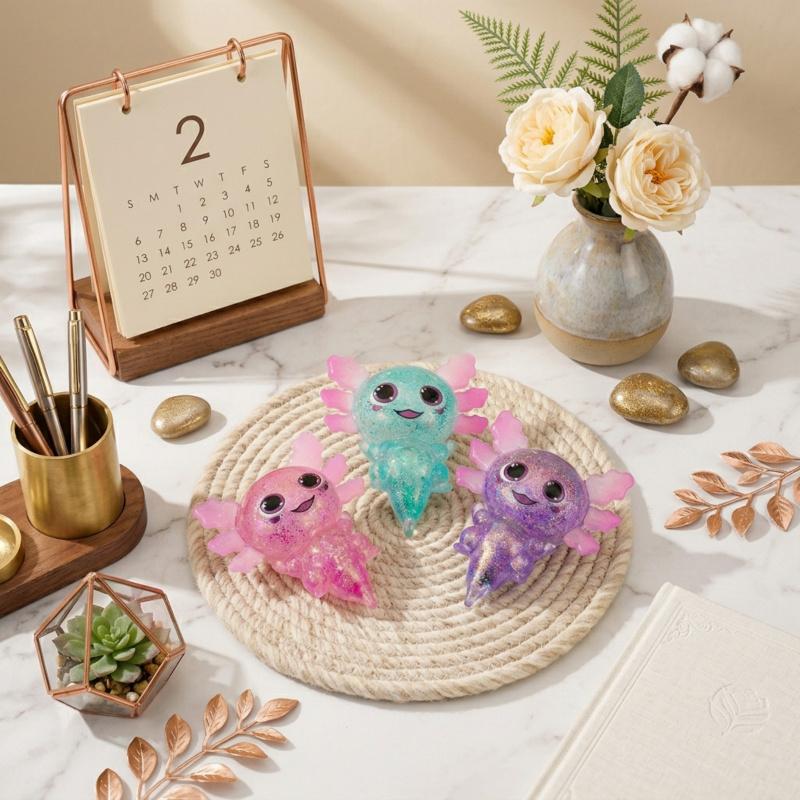 Axolotl squishy toy, made of glittery silicone, cute and adorable, chibi-style salamander design, slow-rebound squishy for stress relief, perfect for students and office workers, a great children's gift, and a stress-relieving toy.