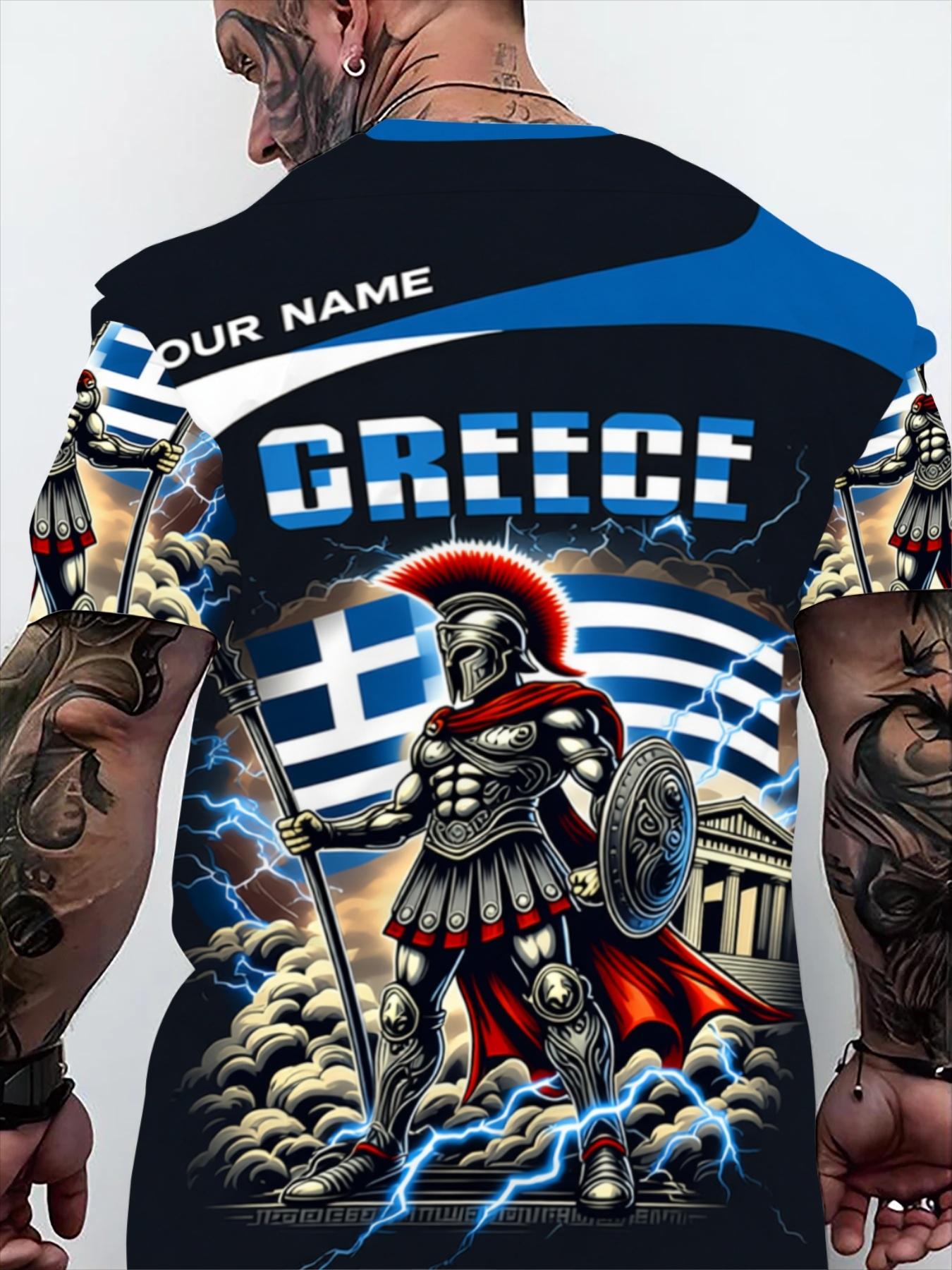 Greece Theme 3D Printed Short Sleeve T-Shirt, Men's Trendy Cultural Shirt, Custom Name Design, Greek Flag Pattern, Casual Sports Top