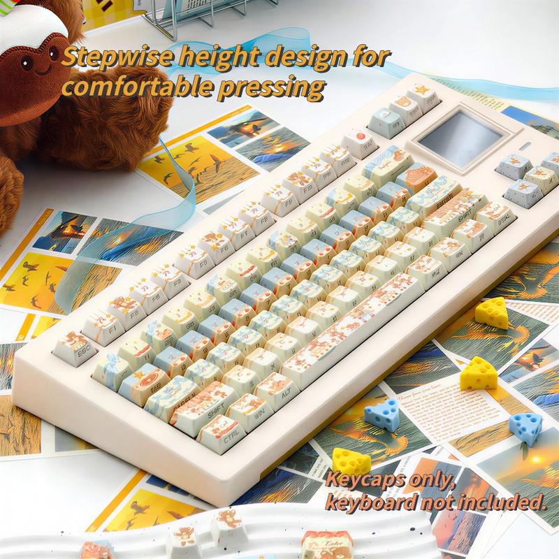 New 120-key Cream Bear Themed Side-Engraved Translucent Keycaps, CHERRY Profile Double-Shot PBT Material, Adopting 5-Side Dye-Sublimation Technology, Wear-Resistant, Anti-Shine, Mechanical Keyboard Keycaps, Gaming Keyboard Keycap