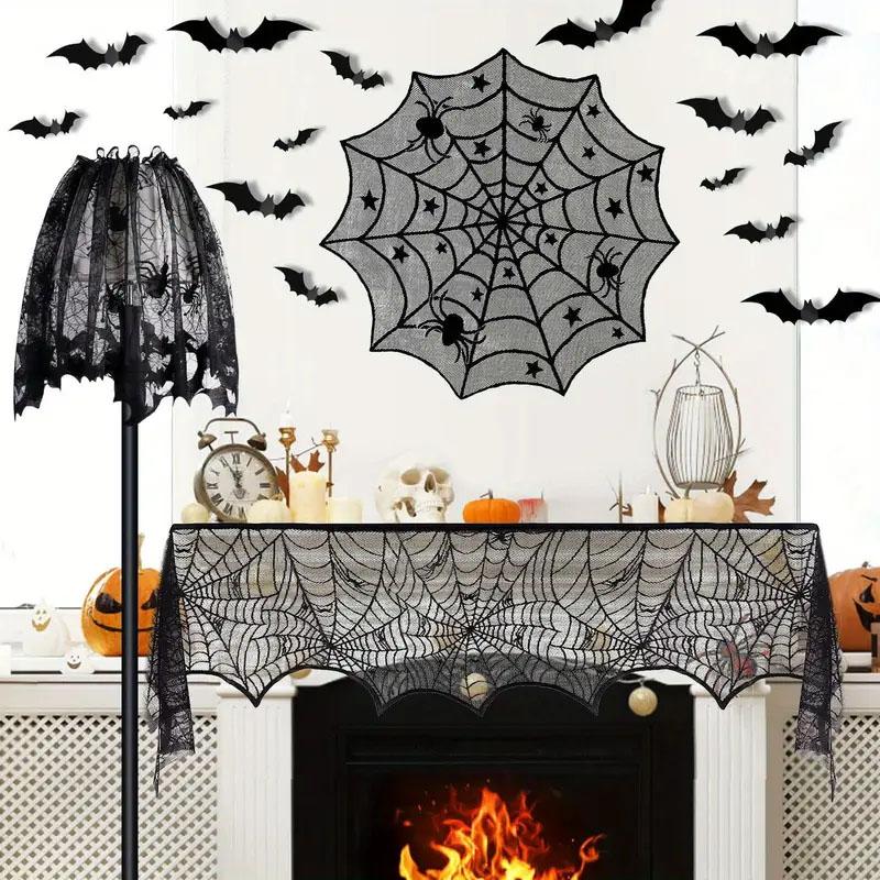 Spooky Bat & Spider Web Design Lace Curtain, 1 Count Gothic Style Short Curtain, Home Decoration Curtain, Window Screening for Home Living Room Bedroom, Halloween